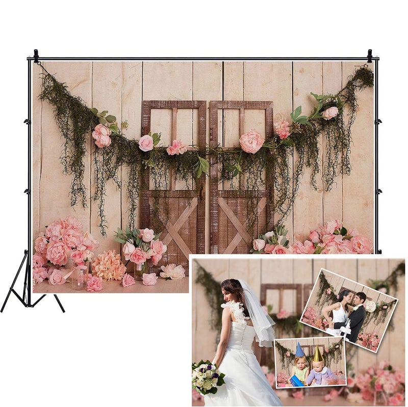 DASHAN 7x5ft Pink Flowers Wood Barn Door Backdrop Wedding Bridal Photography Backdrop Engagement Party Ceremony Photo Background Props for Girl Pink Flowers Wood Tapestry - Image 1